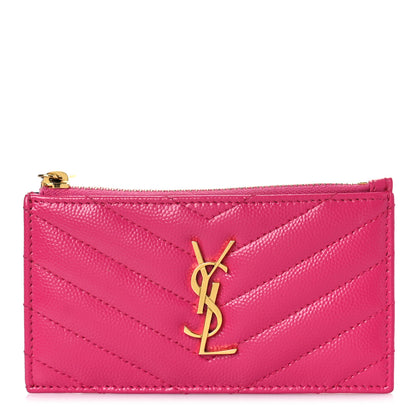 Saint Laurent Grain De Poudre Matelasse Chevron Monogram Fragments Zippered Card Case Fuxia 1 of 9