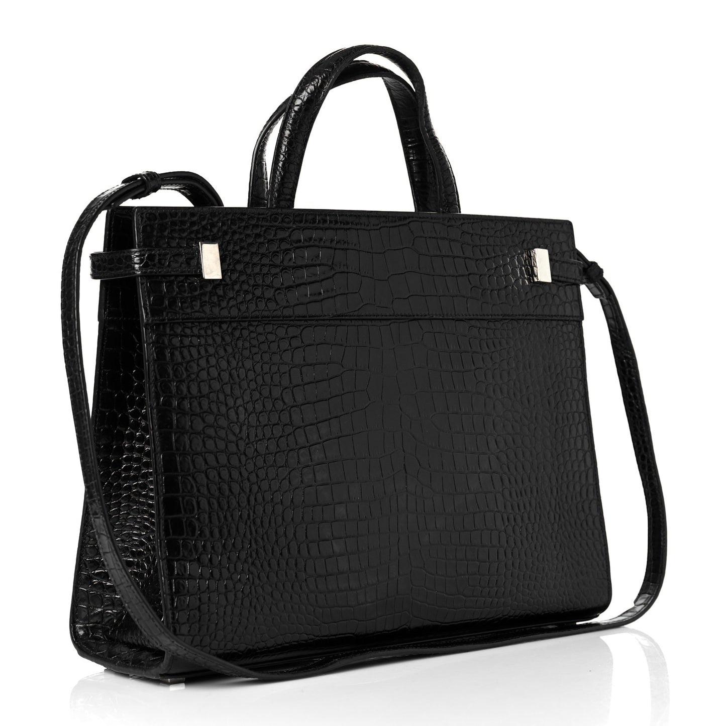 Shiny Calfskin Crocodile Embossed Small Manhattan Shopper Tote Black