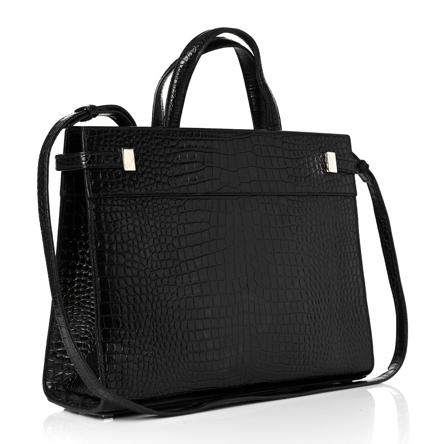 Saint Laurent Shiny Calfskin Crocodile Embossed Small Manhattan Shopper Tote Black 3 of 9