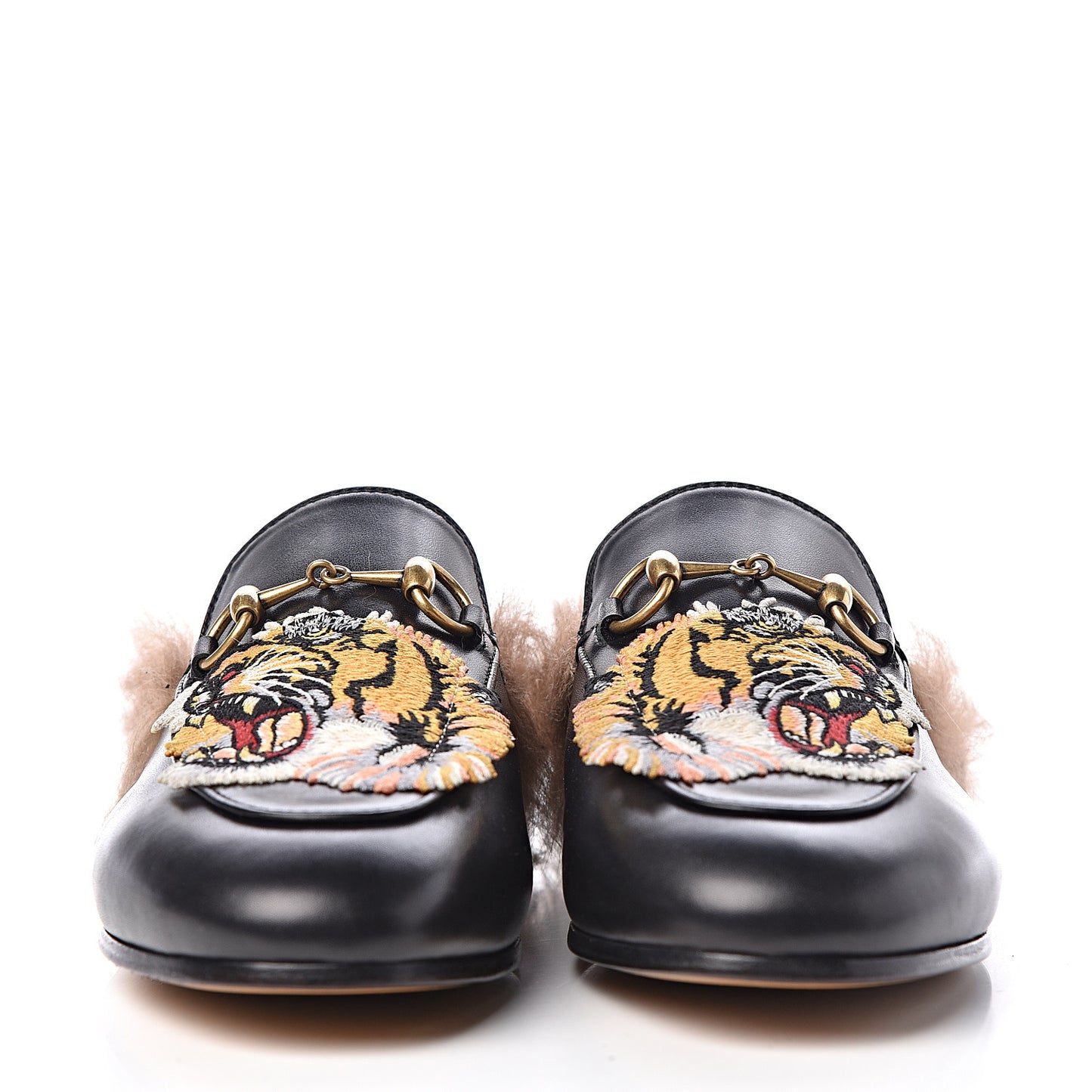 Calfskin Lambswool Tiger Embroidered Womens Princetown Slippers 36.5 Black