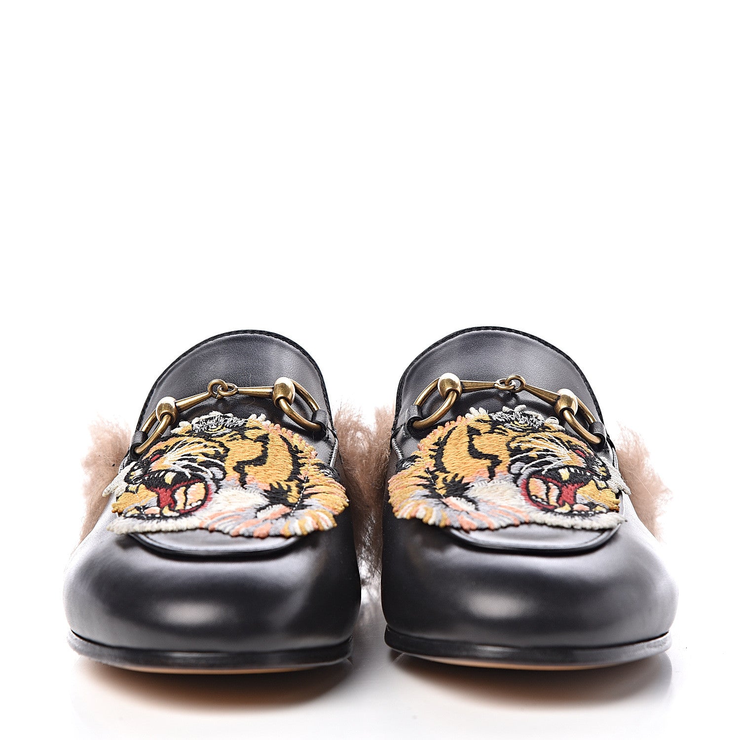Gucci Calfskin Lambswool Tiger Embroidered Womens Princetown Slippers 36.5 Black 2 of 8