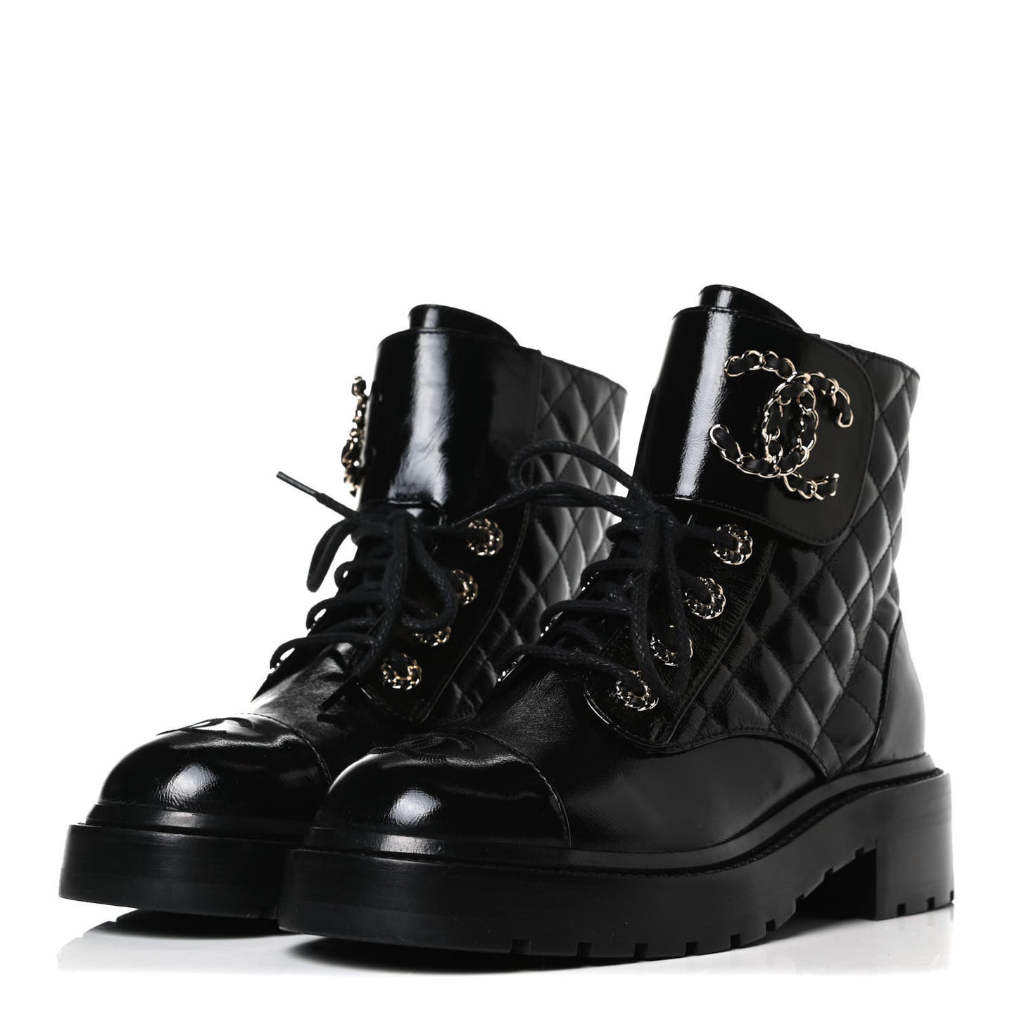 Shiny Calfskin Quilted Lace Up Combat Boots 35.5 Black