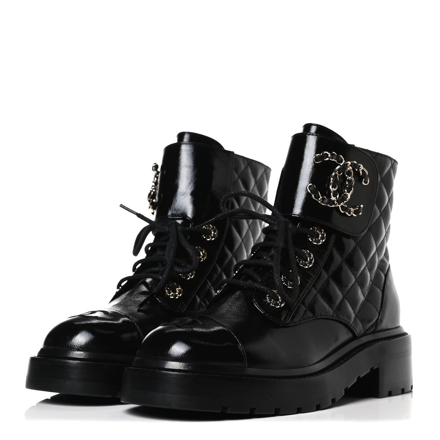 Chanel Shiny Calfskin Quilted Lace Up Combat Boots 35.5 Black 3 of 13