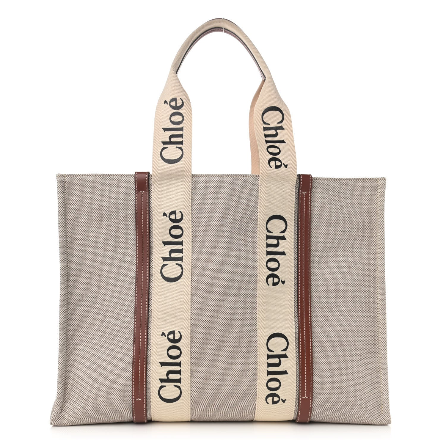 Chloe Cotton Calfskin Large Woody Ribbon Tote White Brown 1 of 11