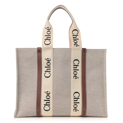 Chloe Cotton Calfskin Large Woody Ribbon Tote White Brown 1 of 11