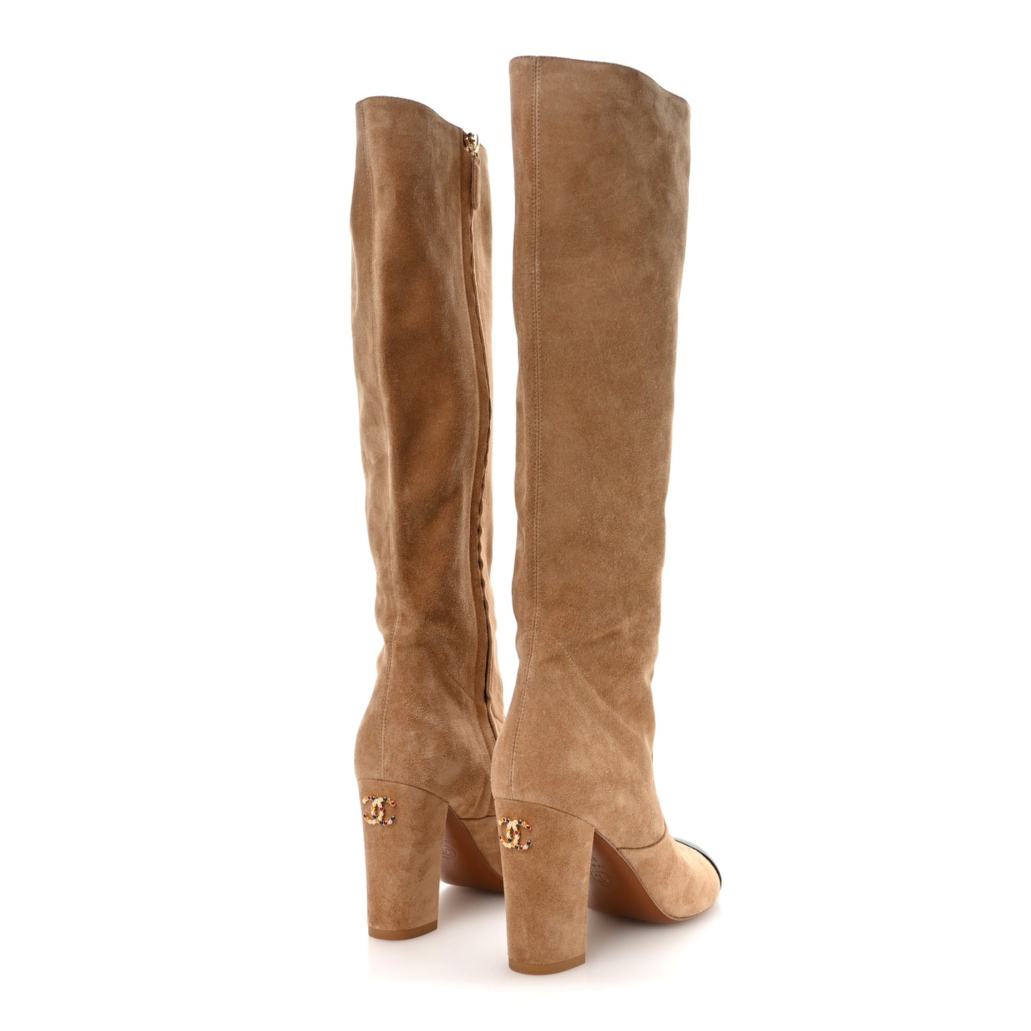 Suede Lambskin Cap Toe CC Knee High Boots 36.5 Beige Black