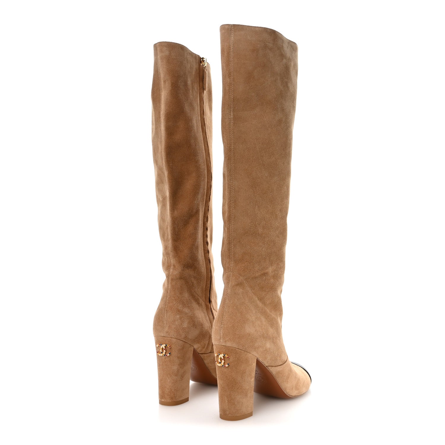 Chanel Suede Lambskin Cap Toe CC Knee High Boots 36.5 Beige Black 5 of 8