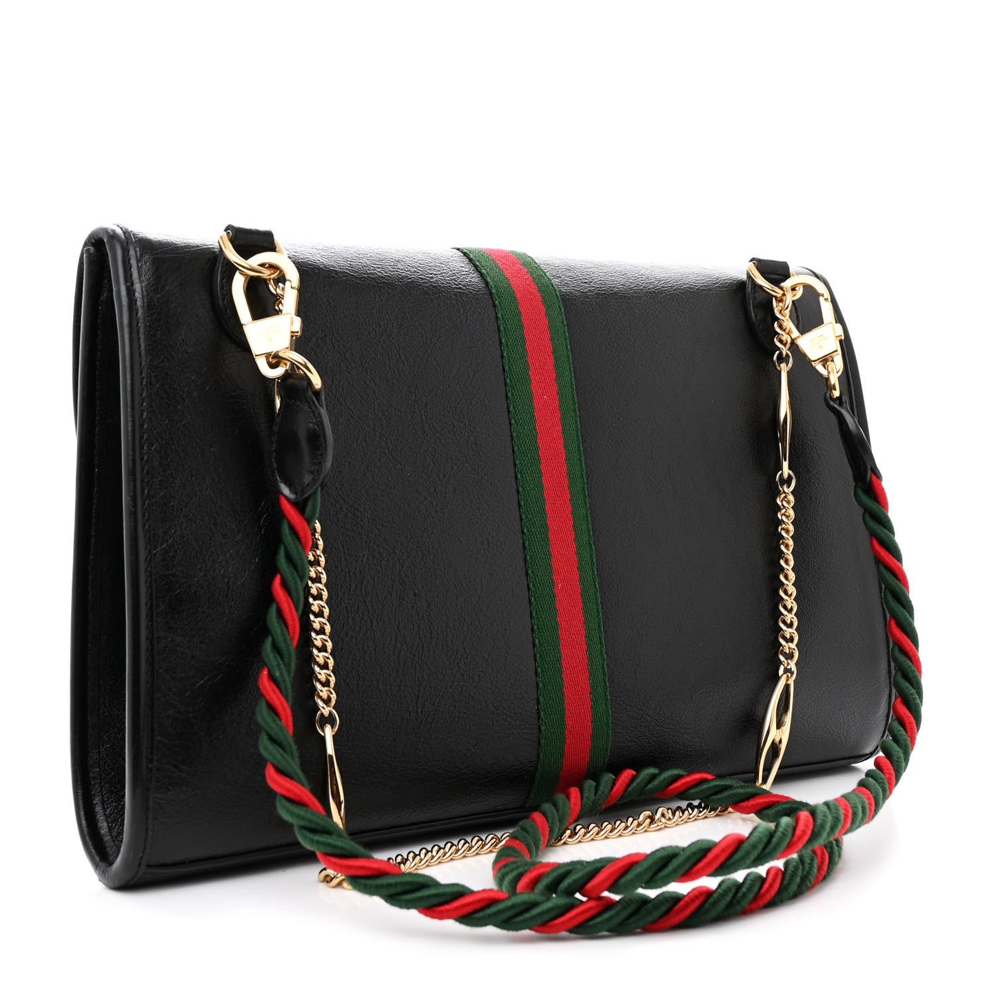 Textured Calfskin Web Medium Rajah Slim Flap Shoulder Bag Black