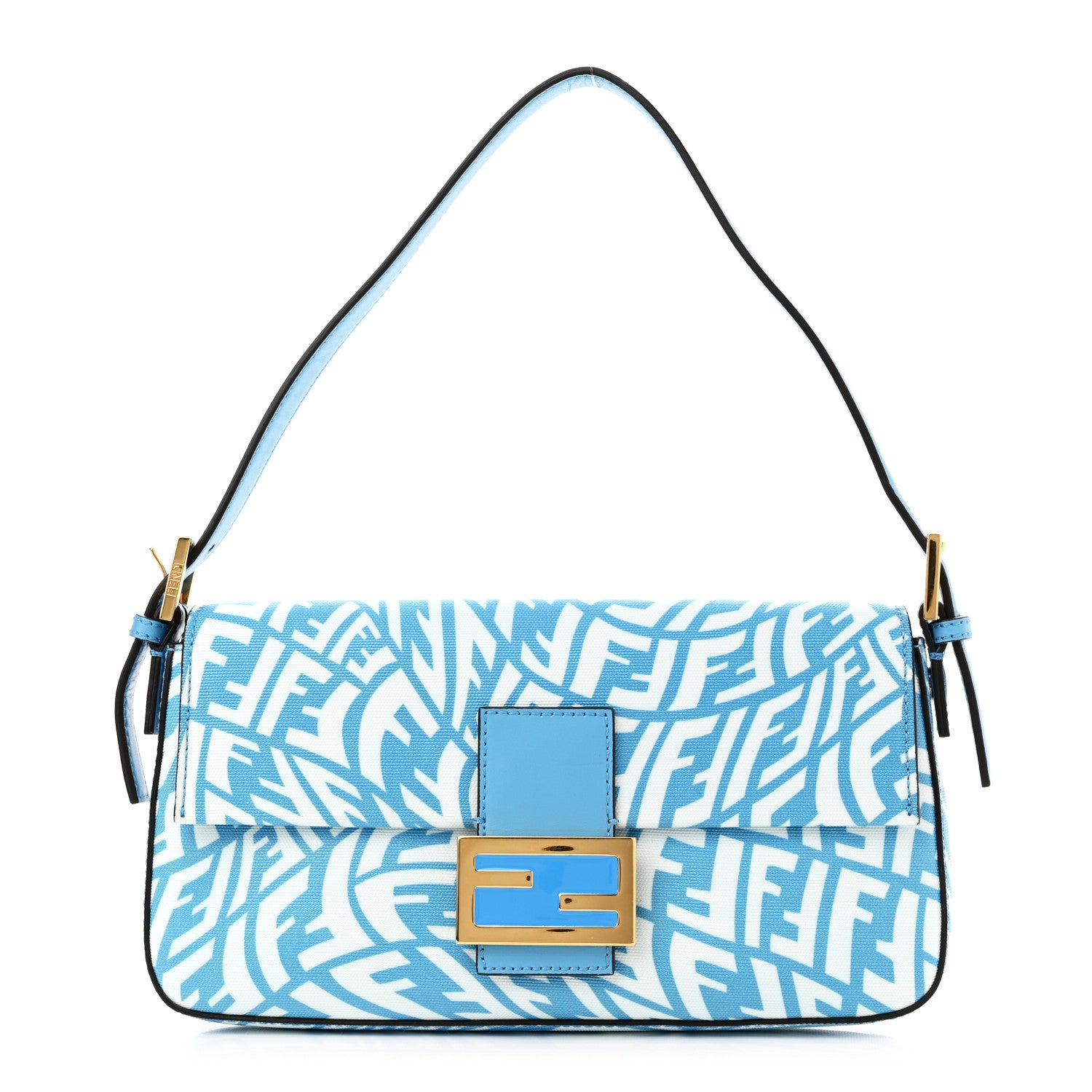 Fendi X SARAH COLEMAN Glazed Canvas Vitello King FF Vertigo Baguette 1997 Cyber Blue White 1 of 11