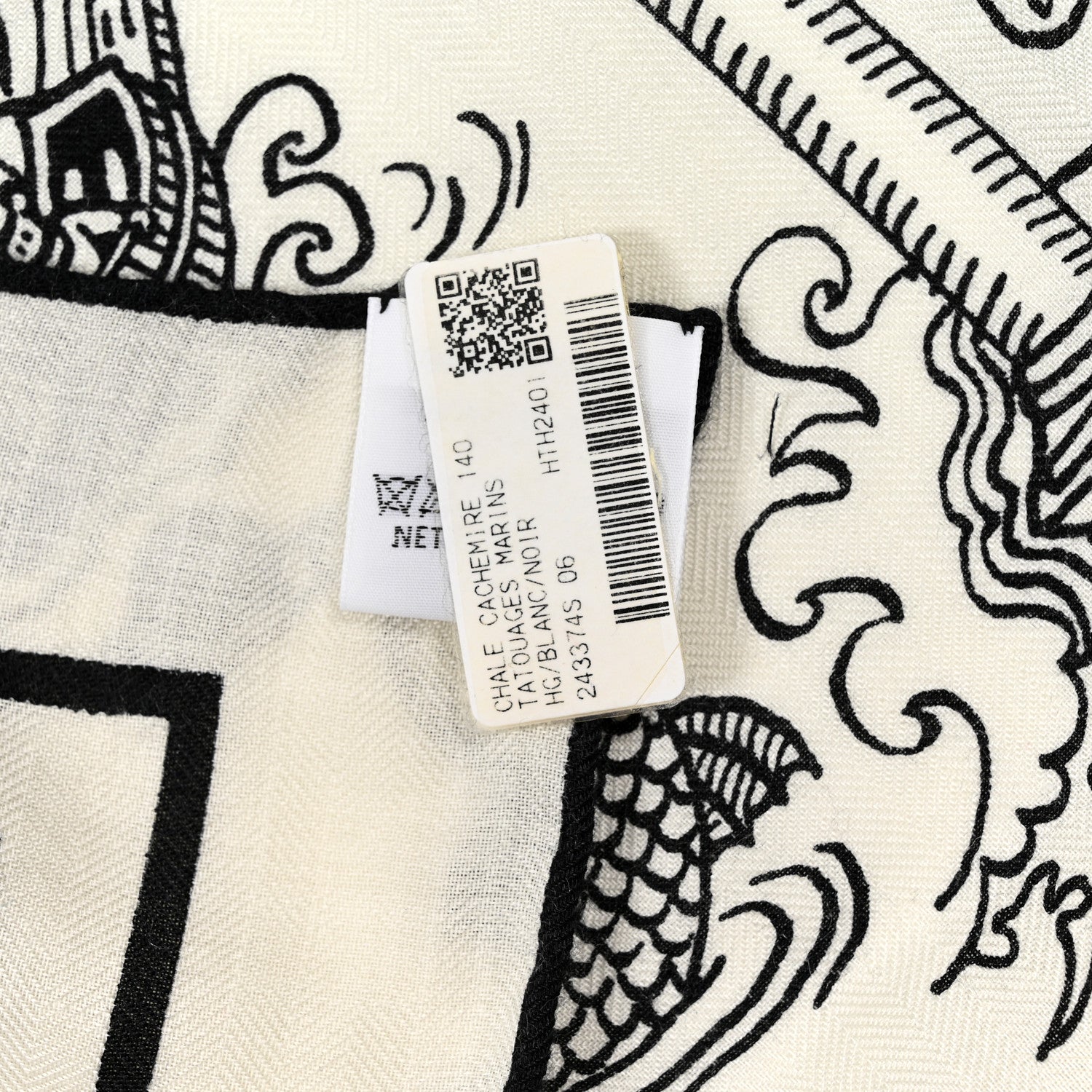 Hermes Silk Cashmere Tatouages Marins Shawl 140 Black White 4 of 5