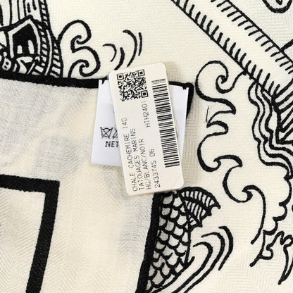 Hermes Silk Cashmere Tatouages Marins Shawl 140 Black White 4 of 5