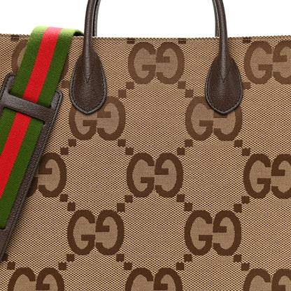 Gucci Monogram Jumbo GG Textured Dollar Calfskin Web Tote Bag Camel Ebony New Acero 8 of 10
