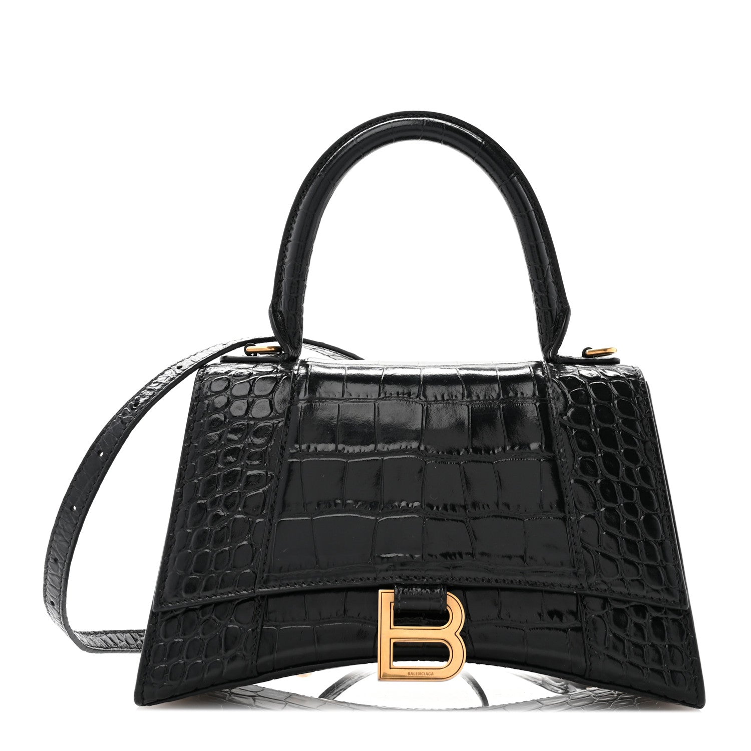 Balenciaga Shiny Calfskin Crocodile Embossed Small Hourglass Top Handle Bag Black 1 of 10