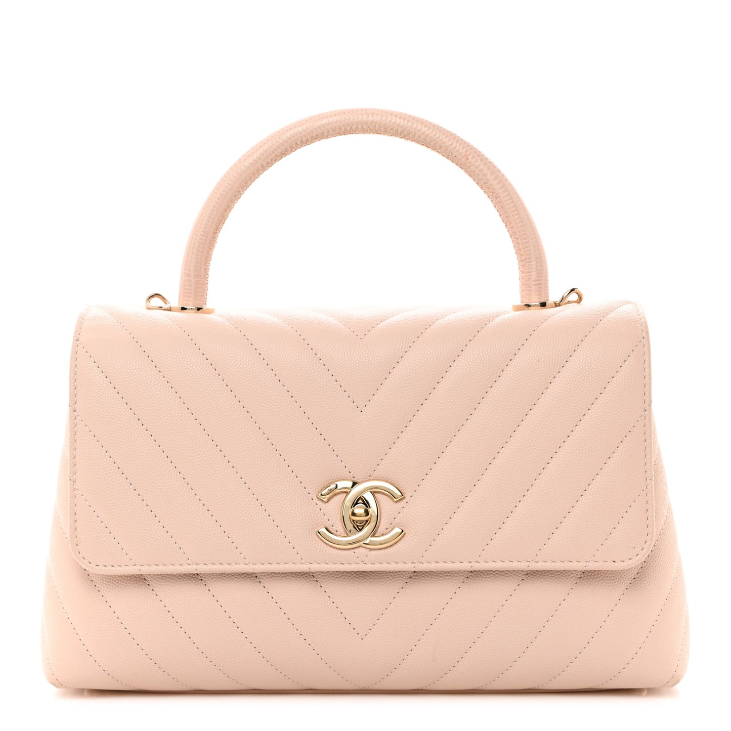 Lizard Embossed Caviar Chevron Quilted Small Coco Handle Flap Beige
