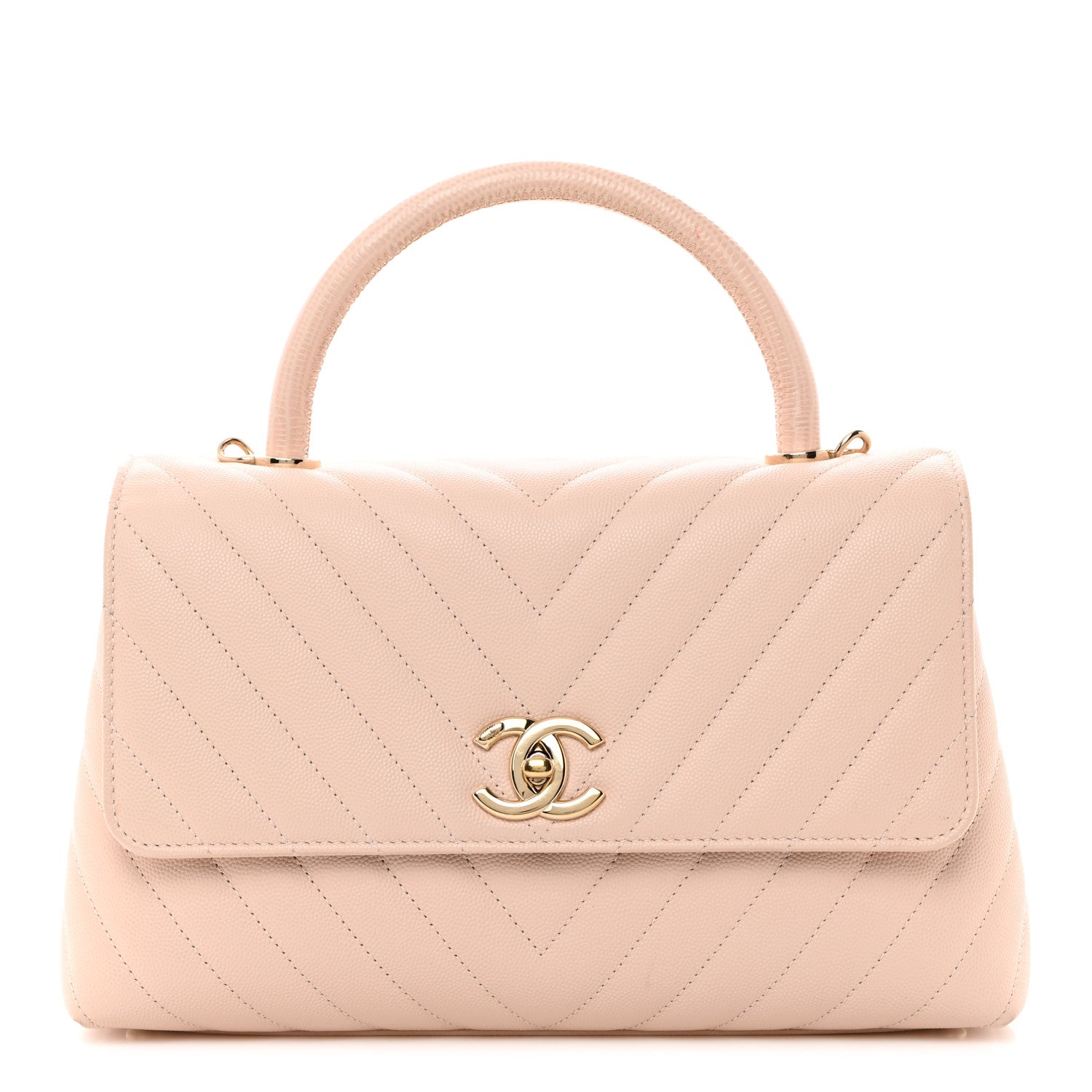 Chanel Lizard Embossed Caviar Chevron Quilted Small Coco Handle Flap Beige 1 of 17