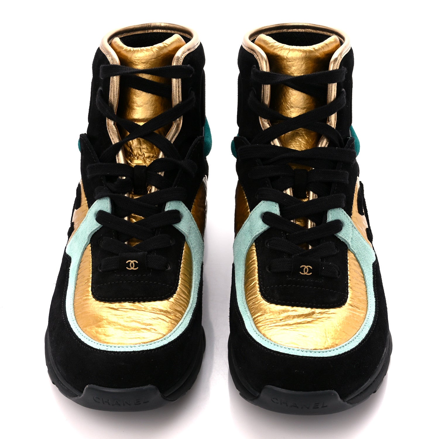 Chanel Suede Calfskin Fabric CC High Top Sneakers 40 Black Turquoise Gold 2 of 9