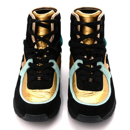 Chanel Suede Calfskin Fabric CC High Top Sneakers 40 Black Turquoise Gold 2 of 9