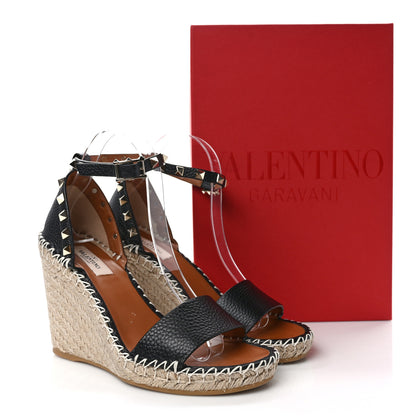 Valentino Garavani Grained Calfskin Rockstud Ankle Strap Espadrille 15/105mm Wedge Sandals 38 Poudre Black 10 of 10