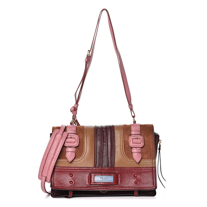 Prada Glace Calfskin Suede Patchwork Etiquette Shoulder Bag Rubino Loto 1 of 16