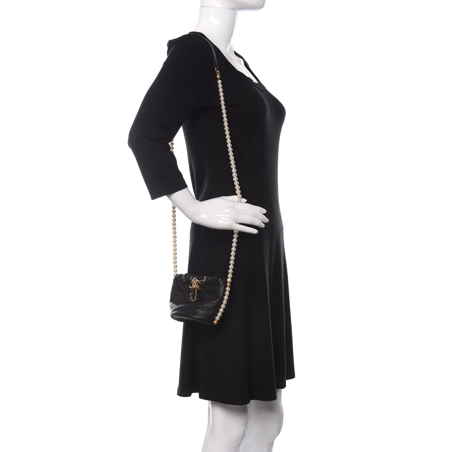 Calfskin Quilted Pearl Mini About Pearls Drawstring Bucket Bag Black