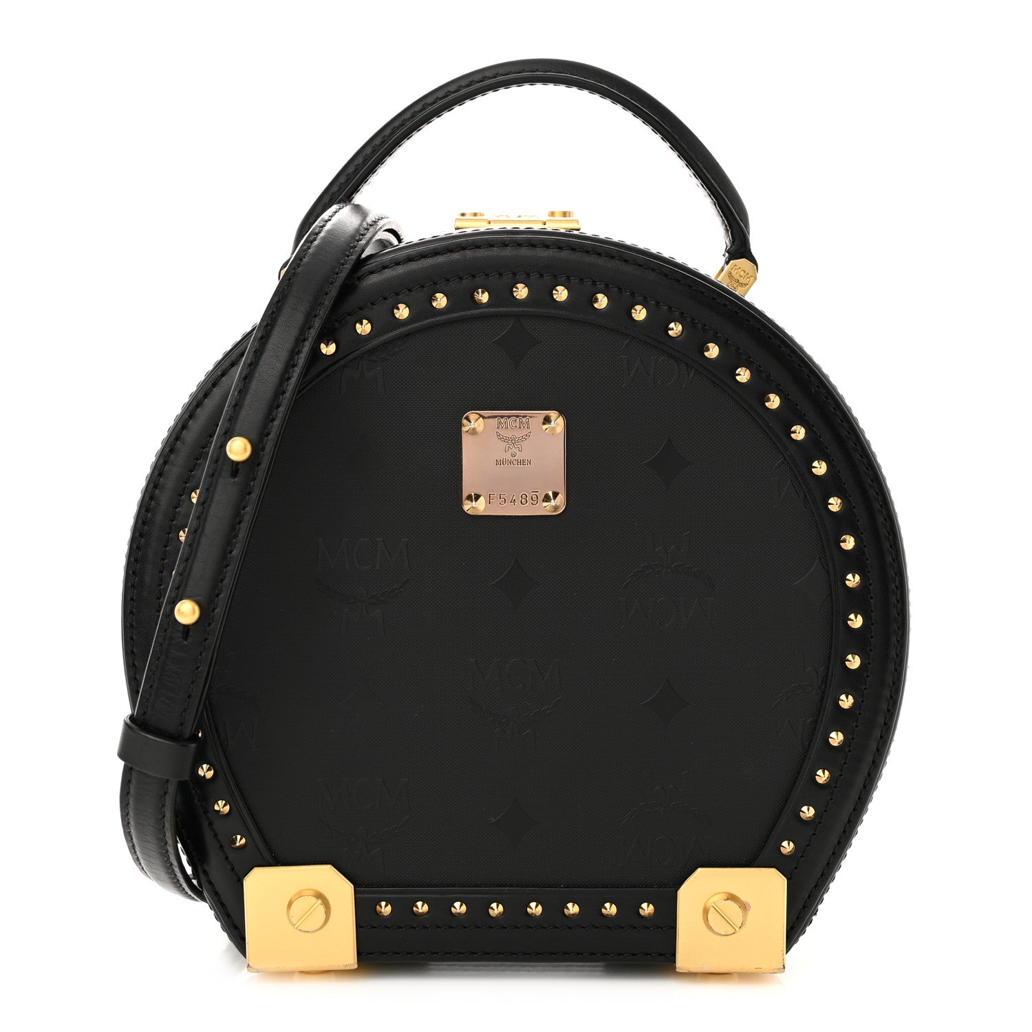 MCM Monogram Coated Canvas Berlin Studded Hat Box Crossbody Black 1 of 9