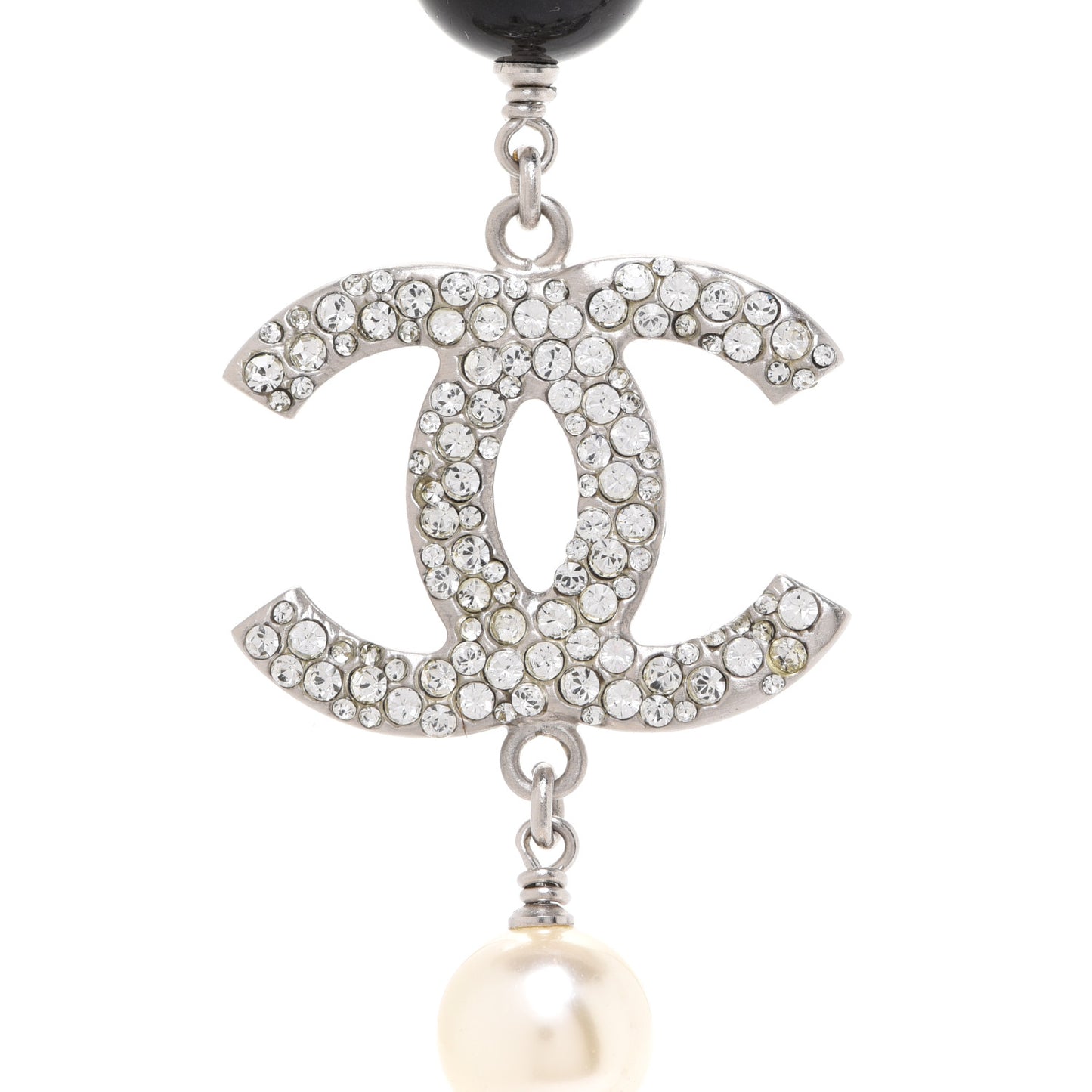 Pearl Crystal Bead CC Long Necklace Black Silver