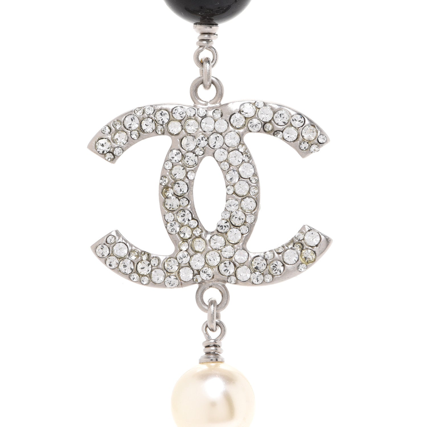 Chanel Pearl Crystal Bead CC Long Necklace Black Silver 4 of 6