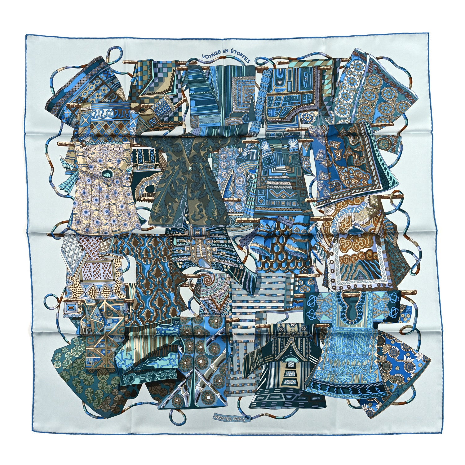 Hermes Silk Voyage En Etoffes Scarf 90 Bleu Pale Blue Jean Vert 1 of 4