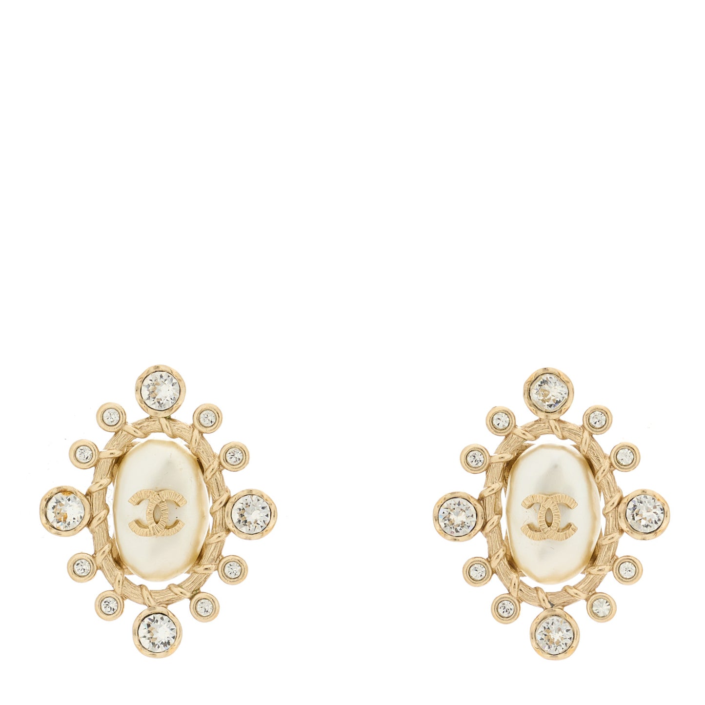 Pearl Crystal CC Oval Earrings Gold