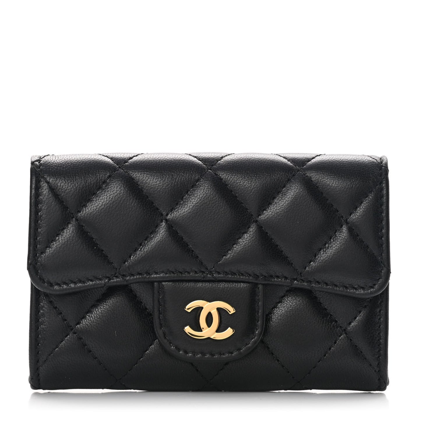 Lambskin Quilted Flap Card Holder Wallet Black