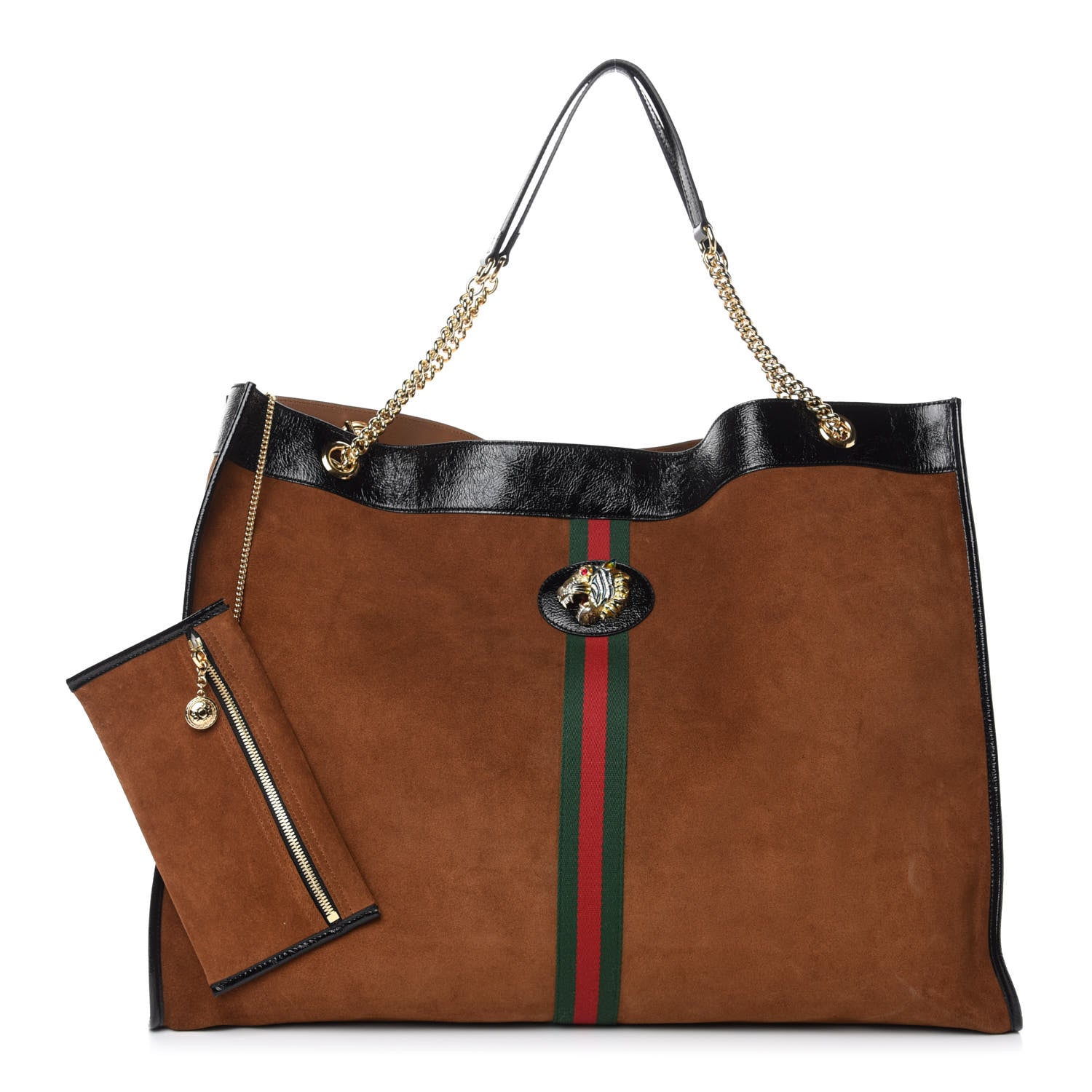 Gucci Suede Patent Maxi Rajah Chain Tote Nocciola Black 1 of 10