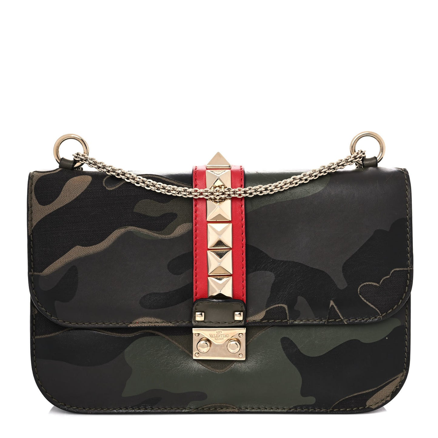 Nappa Canvas Camouflage Medium Glam Lock Rockstud Flap Verde