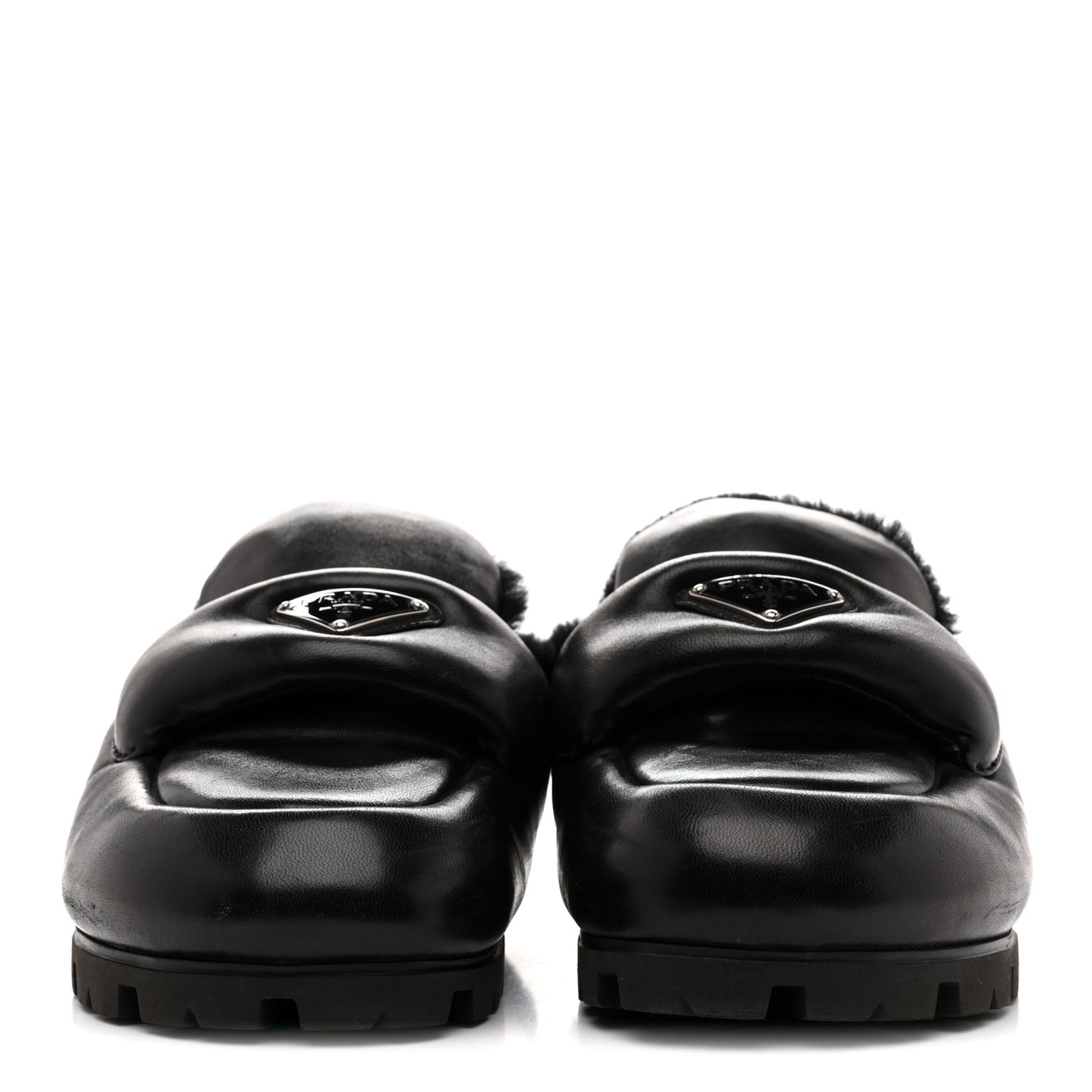 Nappa Shearling Soft Padded Metal Triangle Logo Lug Sole 20mm Mules 38 Black