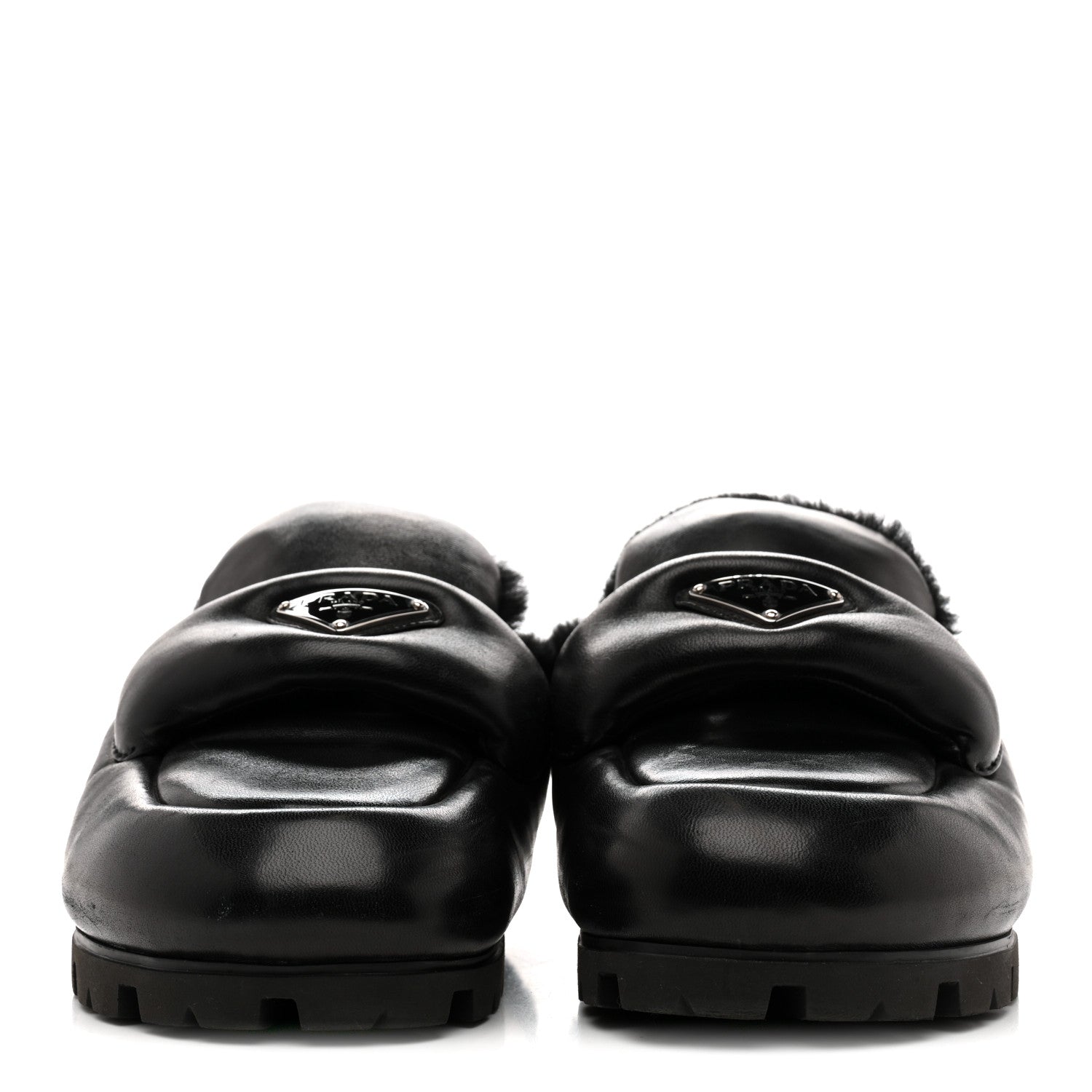 Prada Nappa Shearling Soft Padded Metal Triangle Logo Lug Sole 20mm Mules 38 Black 3 of 9