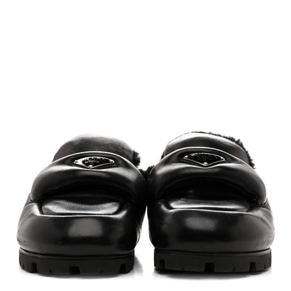 Prada Nappa Shearling Soft Padded Metal Triangle Logo Lug Sole 20mm Mules 38 Black 3 of 9