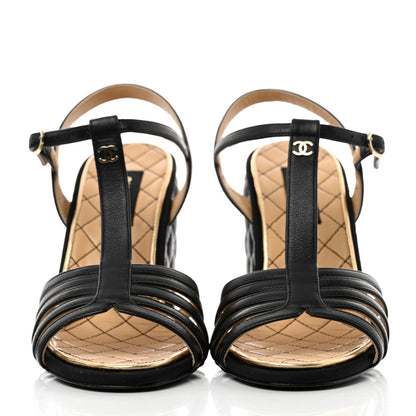 Chanel Grained Calfskin Quilted Wedge Sandals 37.5 Black 2 of 9