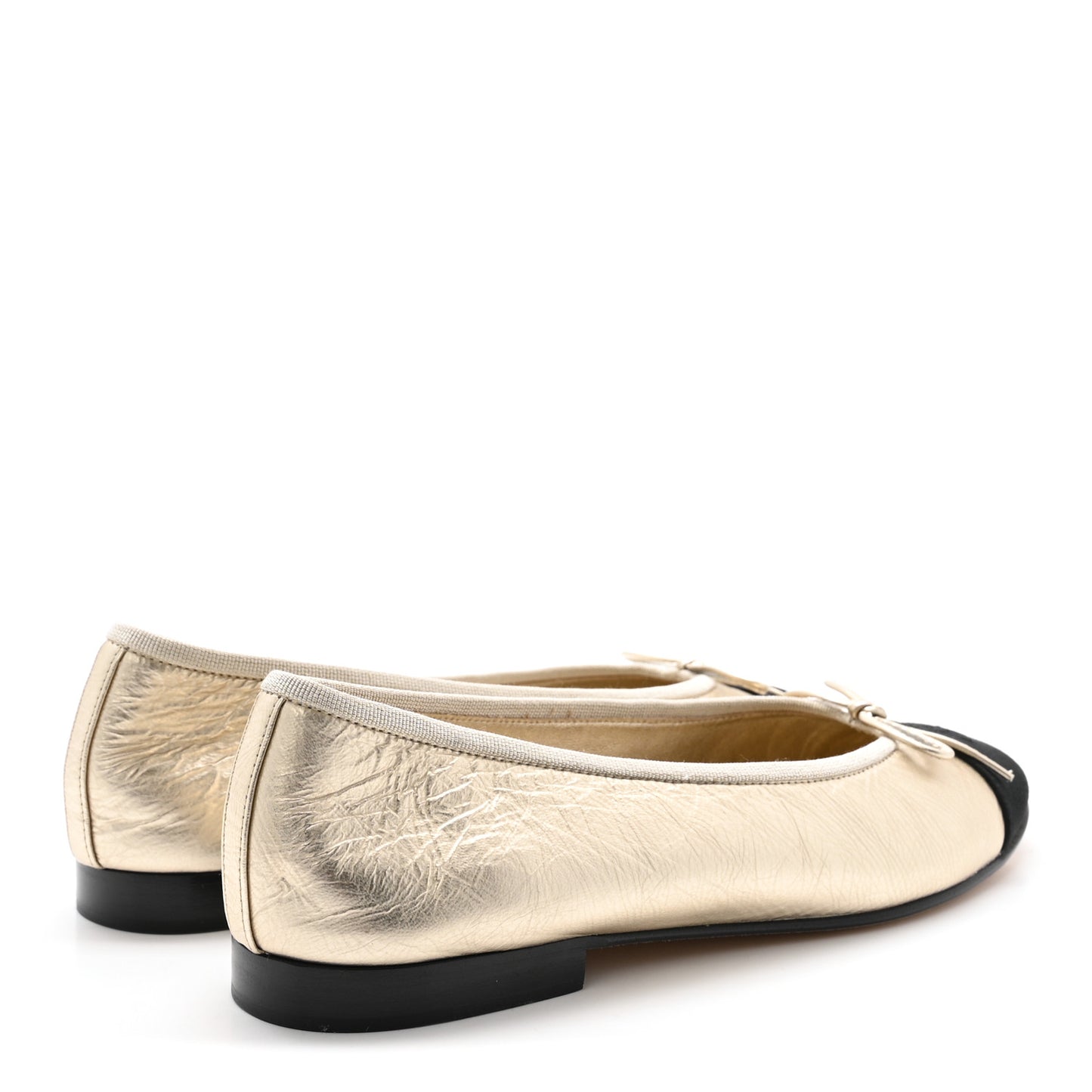 Metallic Laminated Lambskin Grosgrain CC Cap Toe Ballerina Flats 39 Light Gold Black