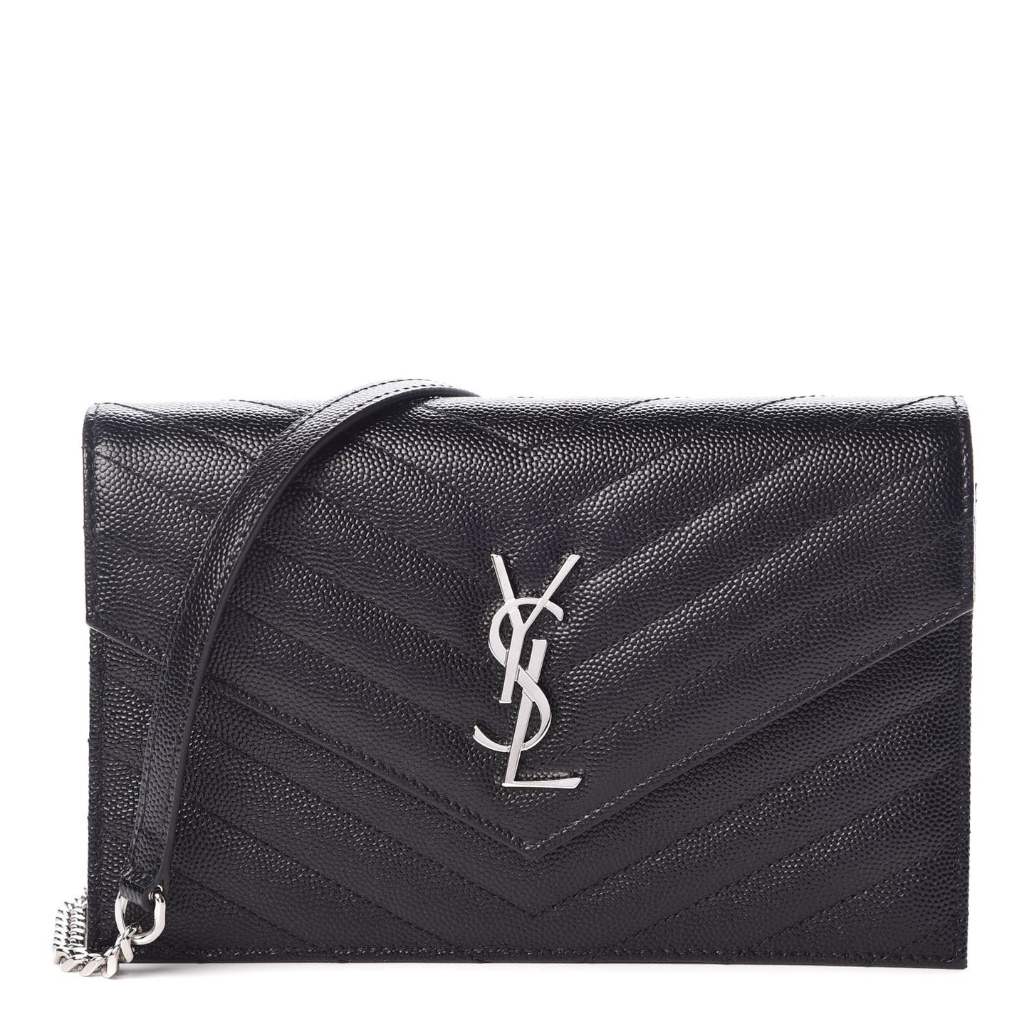 Grain De Poudre Matelasse Chevron Monogram Envelope Chain Wallet Black