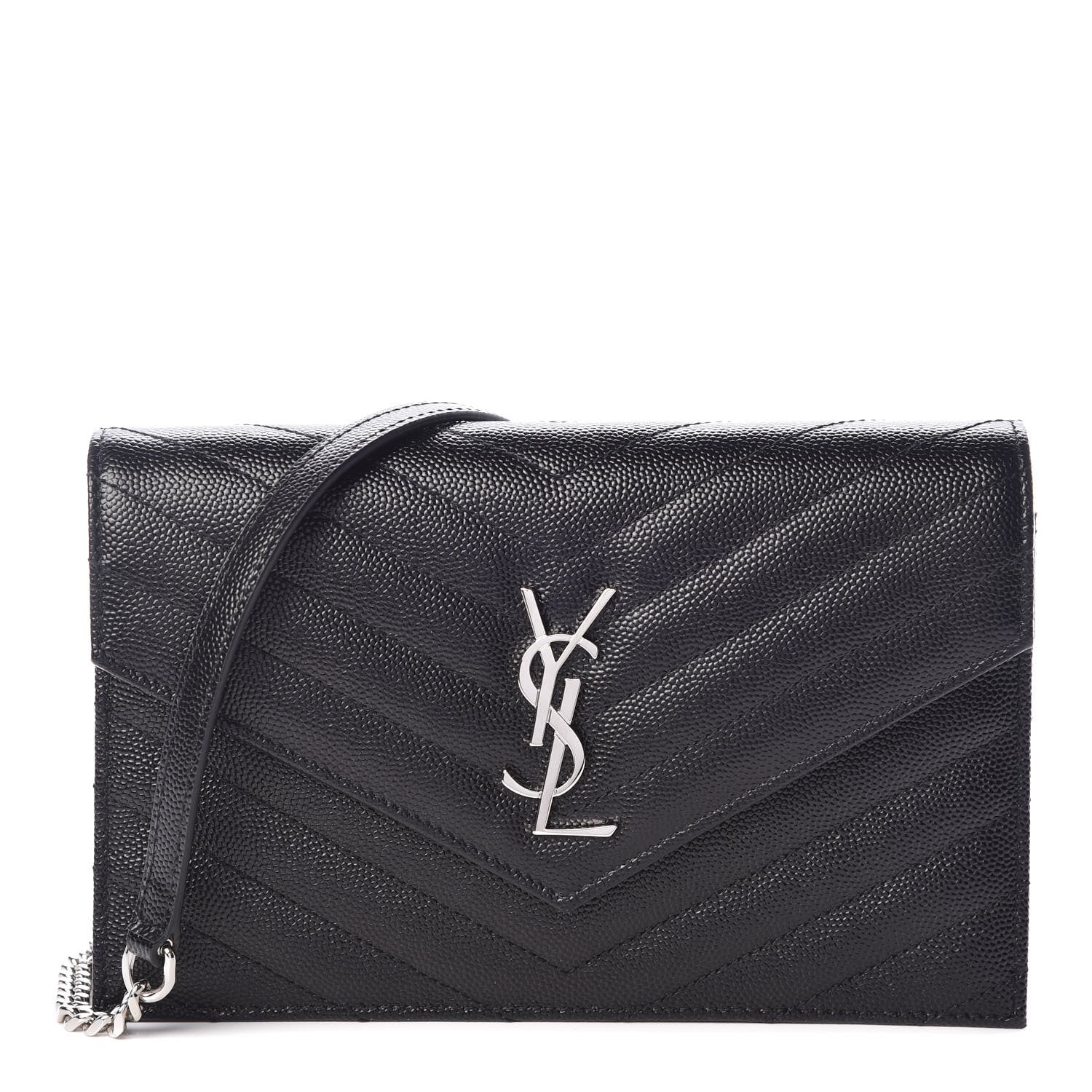 Saint Laurent Grain De Poudre Matelasse Chevron Monogram Envelope Chain Wallet Black 1 of 9