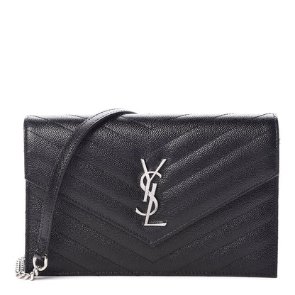 Saint Laurent Grain De Poudre Matelasse Chevron Monogram Envelope Chain Wallet Black 1 of 9