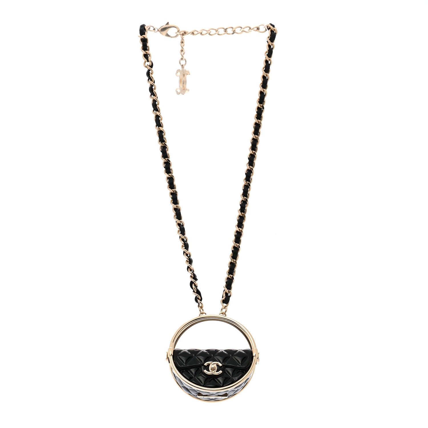 Chanel Metal Resin Quilted Flap Bag Hoop Mirror Necklace Black Gold 3 of 7
