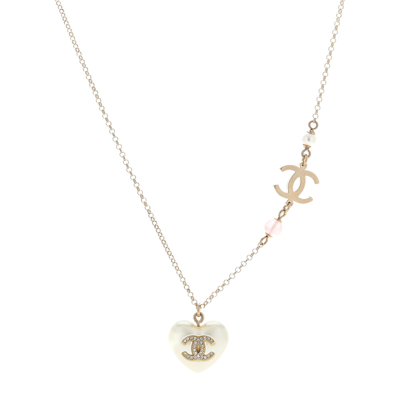 Chanel Resin Crystal CC Heart Necklace Pearly White Gold 1 of 7
