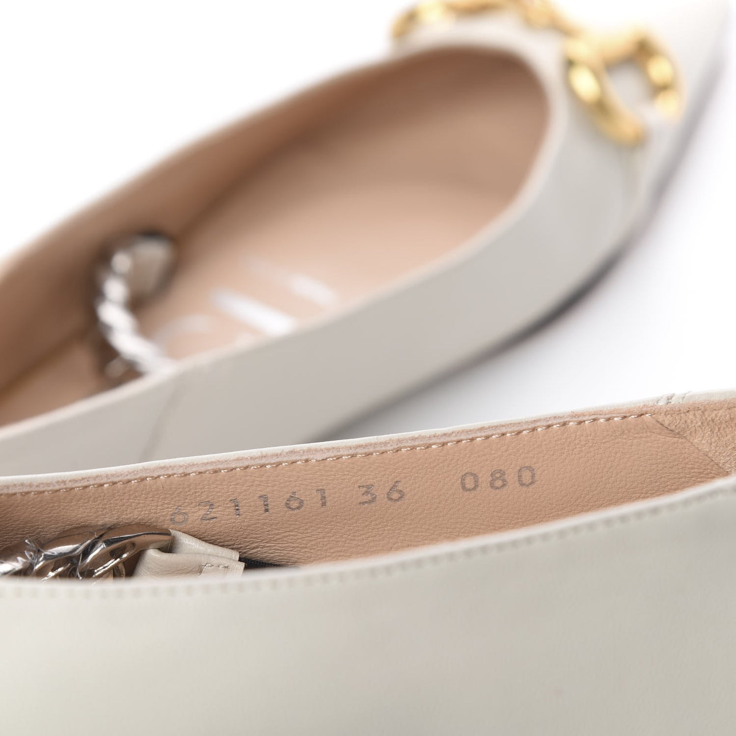 Nappa Lumiere Deva Horsebit Chain Embellished Flats 36 Dusty White