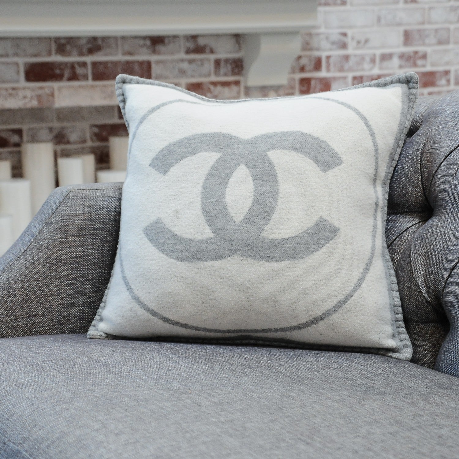 Chanel Merino Wool Cashmere CC Pillow Grey Off White 198544