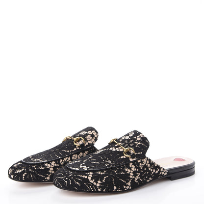 Gucci Lace Malaga Kid Womens Princetown Slippers 40 Black Skin Rose 3 of 7