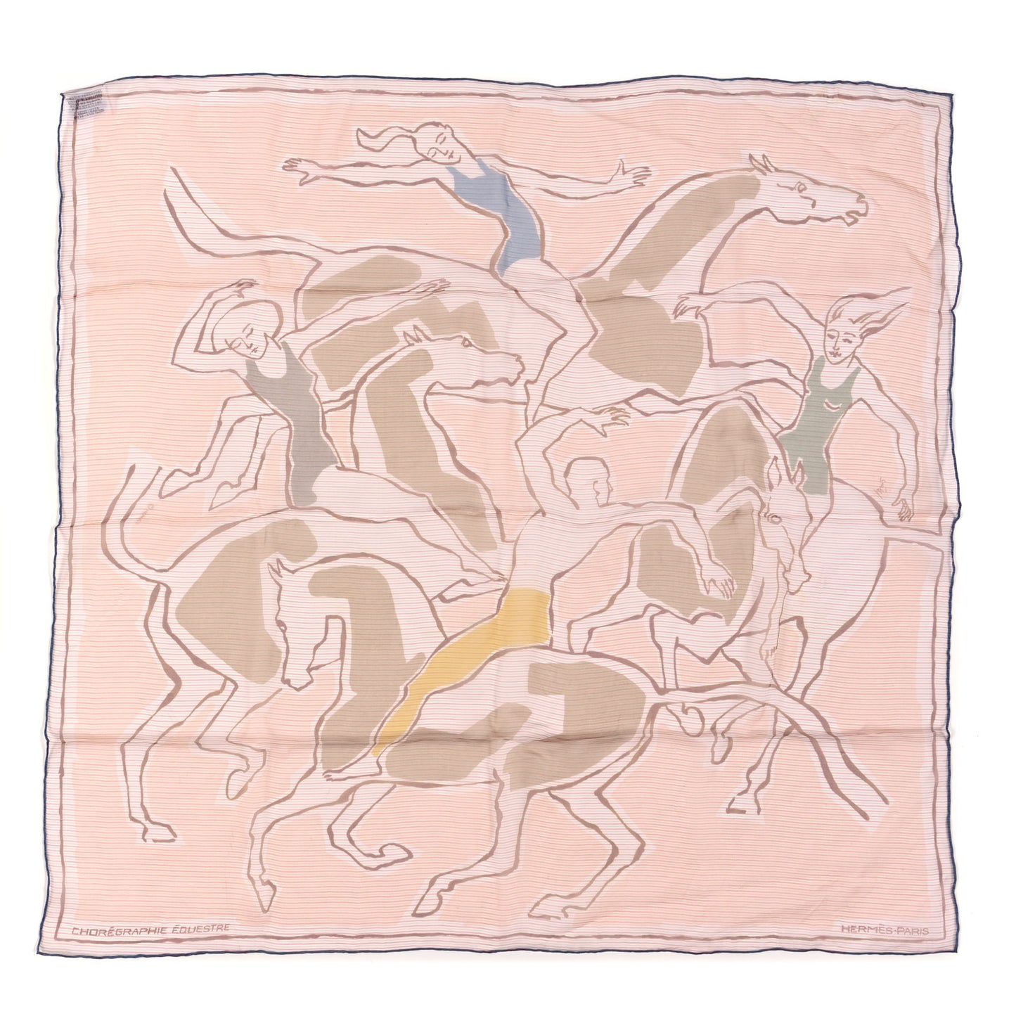 Silk Muslin Choreographie Equestre Scarf 70 Beige Rose Jaune Bleu