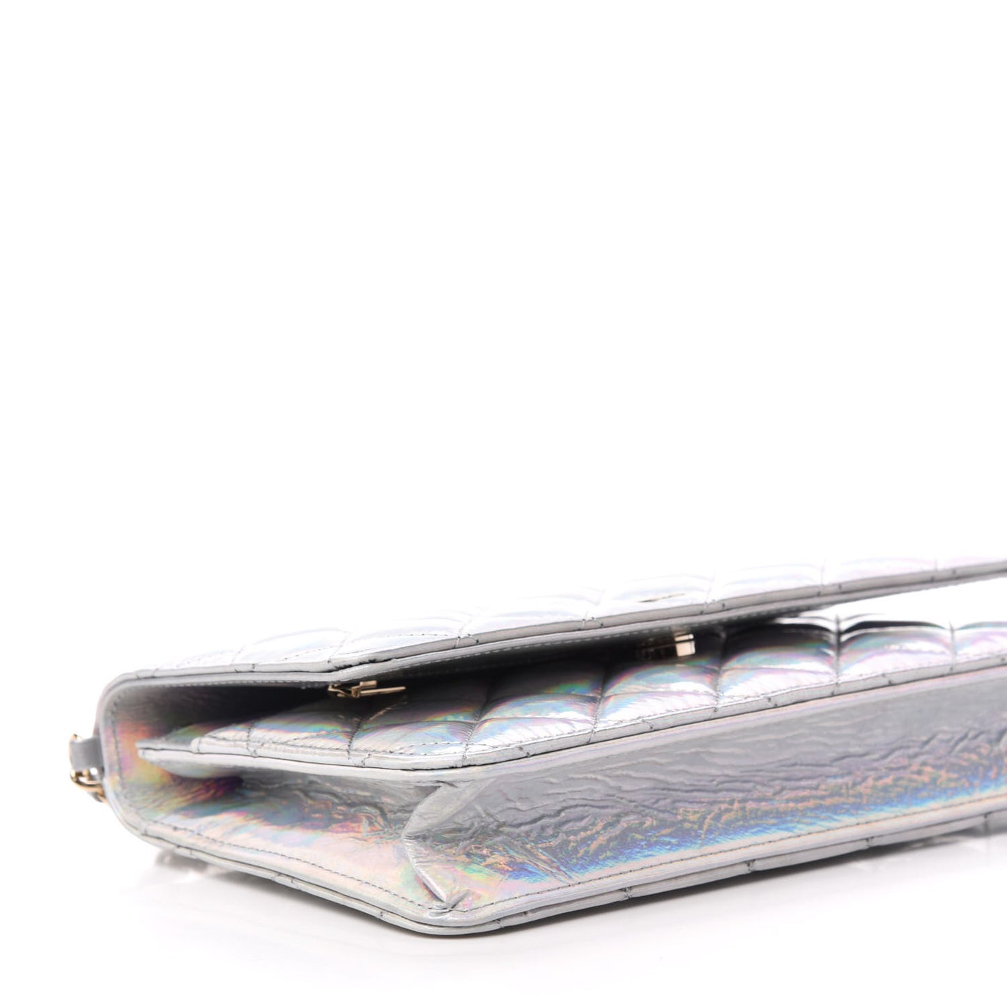 Iridescent Goatskin Quilted Wallet On Chain WOC Silver