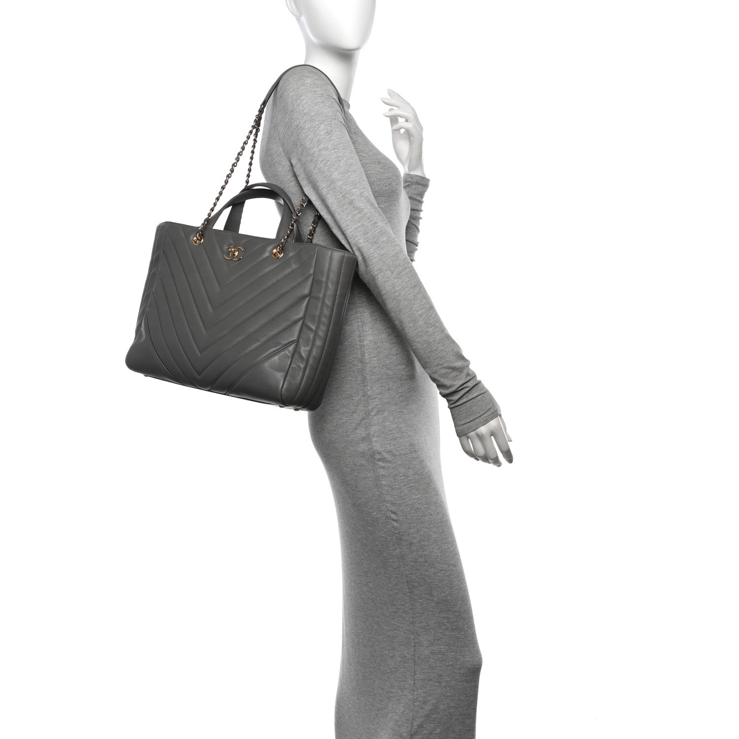 Chanel Calfskin Chevron Quilted Statement Shopping Tote Grey 2 of 12