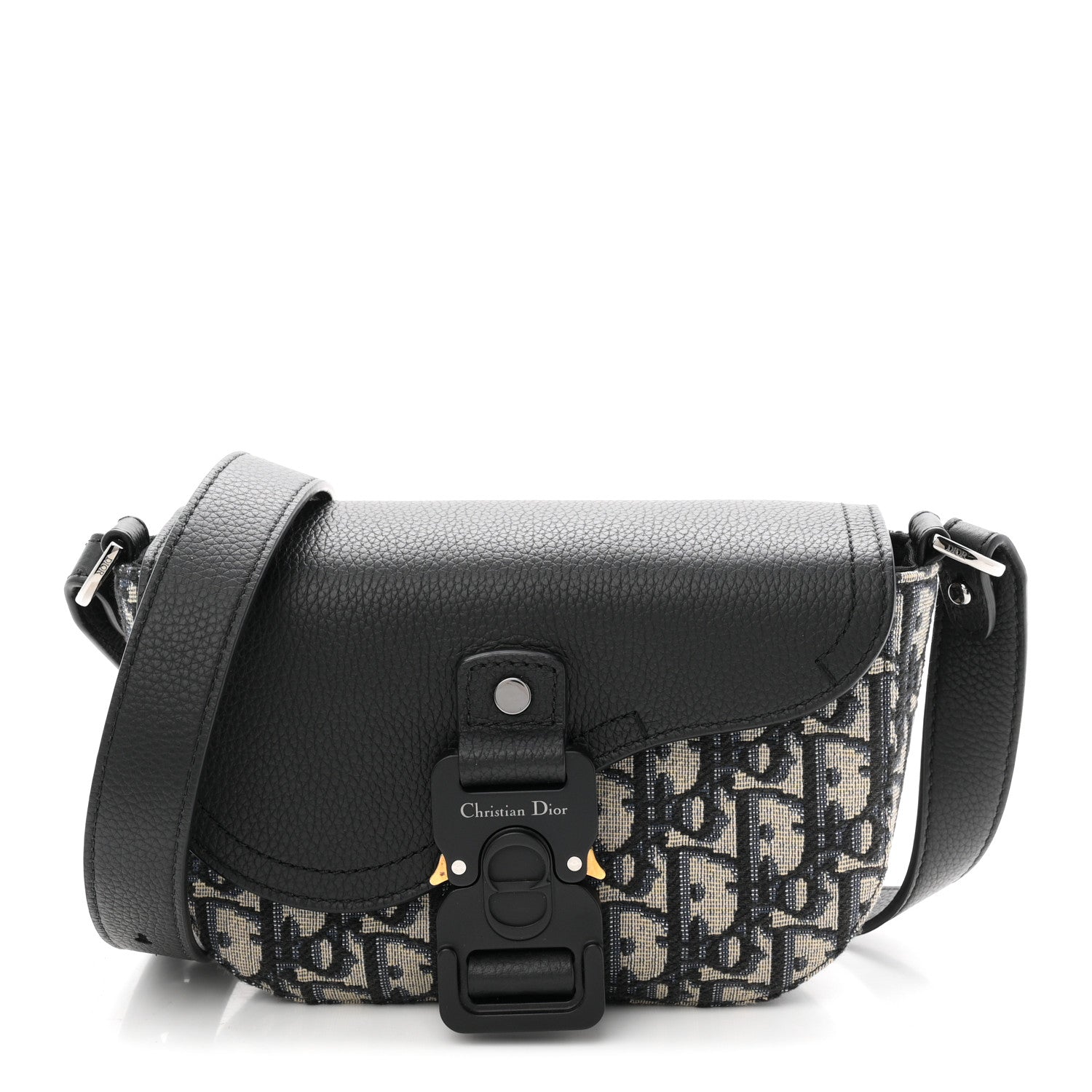 Christian Dior Grained Calfskin Oblique Mini Saddle Messenger Bag With Flap Beige Black 1 of 11