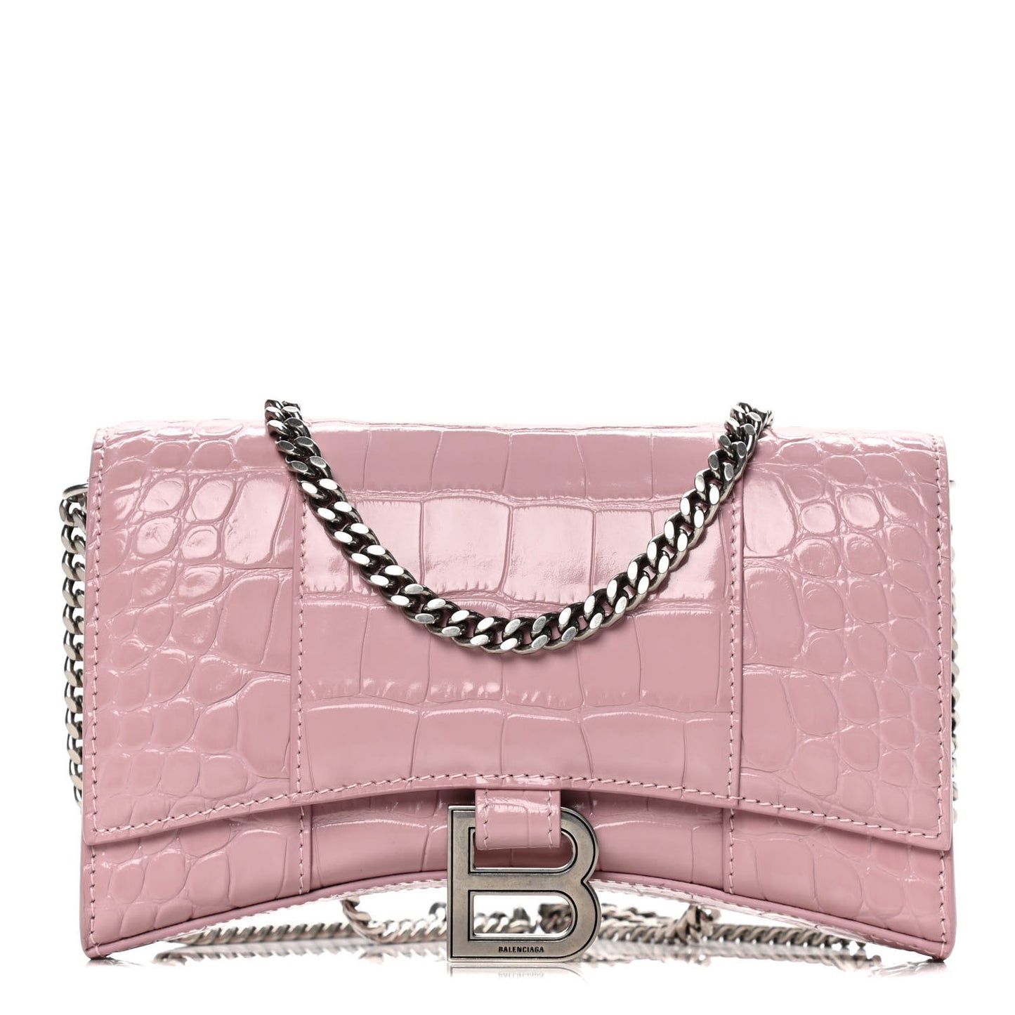 Shiny Calfskin Crocodile Embossed Hourglass Chain Bag Powder Pink